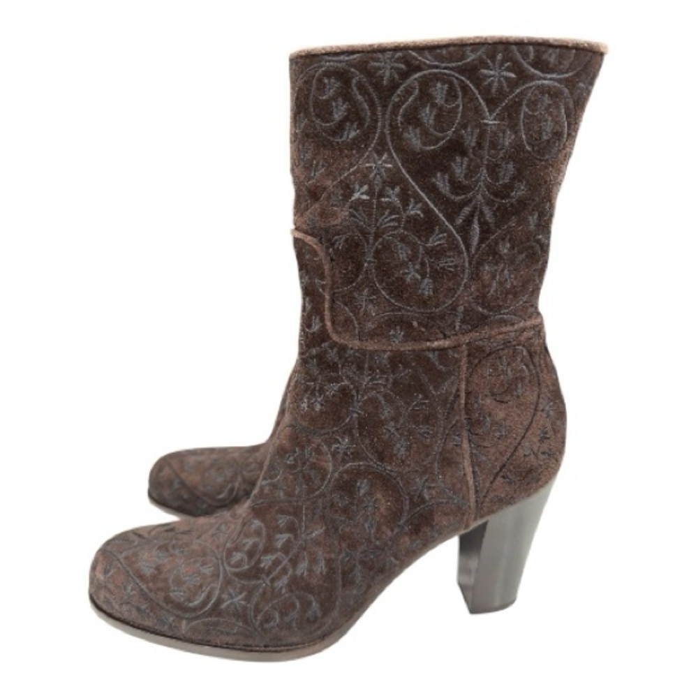 PRADA brown suede heeled boot with black floral embroidery size 38